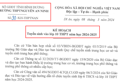 Trường THPT Nguyễn An Ninh thông báo: Kế hoạch tuyển sinh vào lớp 10 THPT năm học 2024-2025